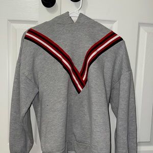 Grey sweatshirt with red,white, and black detail